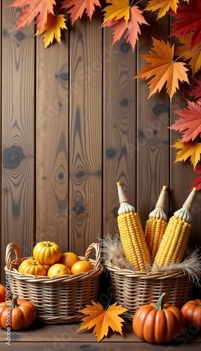 Autumn harvest display with pumpkins and corn in wicker baskets surrounded by colorful leaves