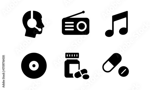 Silhouette icons of music and medicine: headset, radio, note, disc, pills, jar