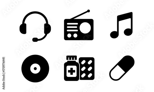 Media and medicine icon set featuring music and healthcare symbols