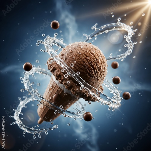Appetizing chocolate ice cream cone surrounded by splashes of water and chocolate droplets