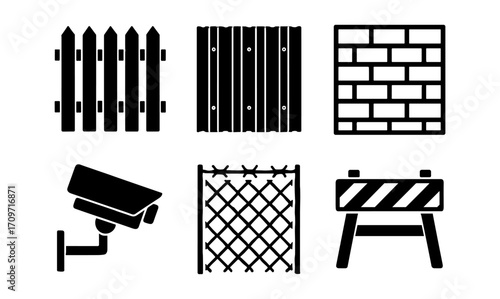 Silhouette icons of fences, walls, and security equipment