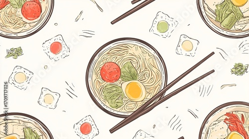 A vibrant, illustrated pattern featuring bowls of noodles with toppings, chopsticks, and garnishes, creating a lively food-themed design.