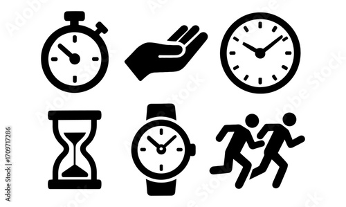 Timeless icons: stopwatch, hourglass, and more in black silhouette style