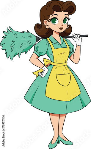Vintage cartoon maid character illustration, retro housekeeper woman cleaning with feather duster and cloth, cheerful domestic worker in teal dress, apron