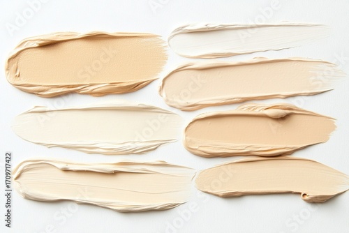 Cosmetic foundation makeup cream textures in multiple shades arranged in palette, smooth blended samples displaying variety of skin tones, professional beauty product presentation.