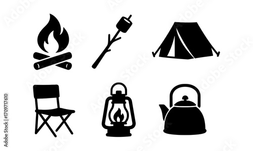 Camping icons: tent, fire, lantern, chair, kettle, marshmallow stick silhouettes