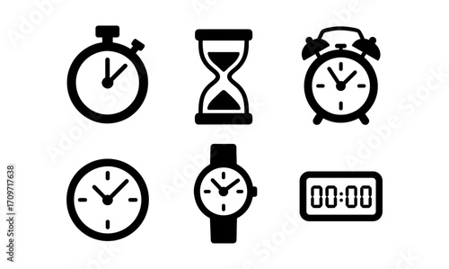 Minimalist timekeeping icons: stopwatch, hourglass, alarm clock, wall clock, wristwatch, digital