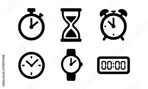 Minimalist timepiece icons: stopwatch, hourglass, clock, watch, timer