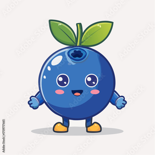 Cute anthropomorphic blueberry character with a smiling face and green leaves on top, representing healthy eating and natural produce