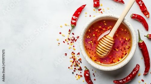 Vibrant red chili peppers and spicy honey glaze with a wooden dipper create a visually striking culinary composition perfect for food blogs and recipes, Generative AI.