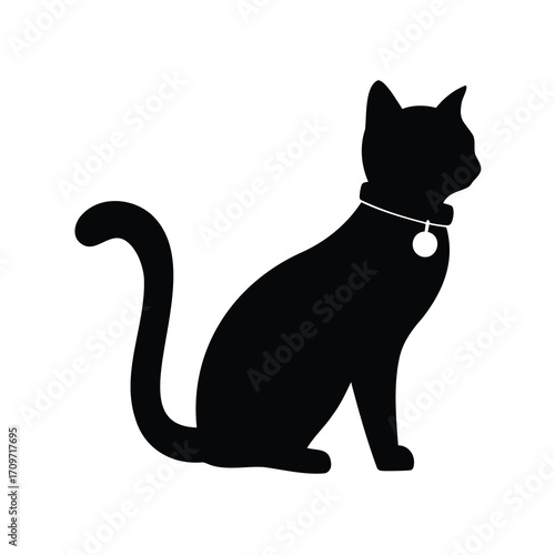 Elegant black cat silhouette with collar and bell in a regal pose