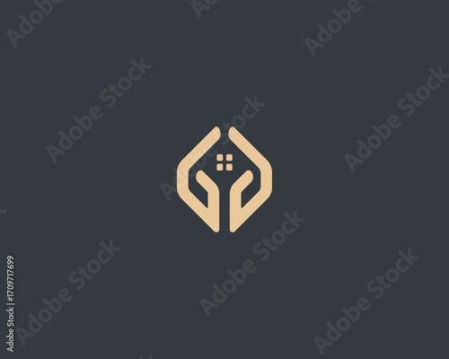 A house in hands vector logo. Home real estate building premium logotype. Safe home concept.