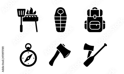 Outdoor adventure icons: camping, hiking, and bbq essentials in bold silhouette style