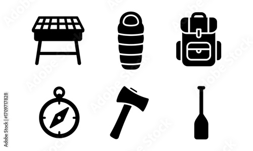 Essential camping gear icons: backpack, bicycle, compass, and more in flat silhouette design