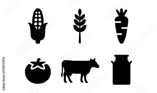 Set of silhouette icons featuring agriculture elements and food symbol
