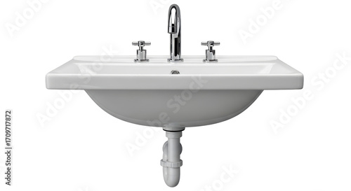 Photos Isolated ceramic sink with chrome faucet and knobs used in modern bathroom or re
