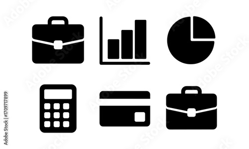 Business essentials: black silhouette icons of charts, credit cards, and briefcases