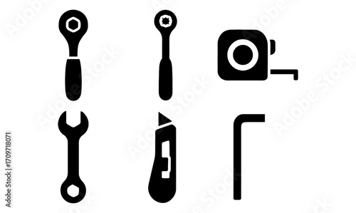 Silhouette toolkit with wrench, screwdriver, tape measure, utility knife, and hex key