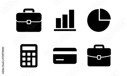 Business icon set featuring briefcase, chart, calculator, and card in silhouette style