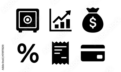 Finance icon set: money, growth, and security symbols in bold style