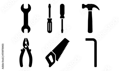 Simple black tool silhouettes: wrench, screwdrivers, hammer, pliers, saw, allen key