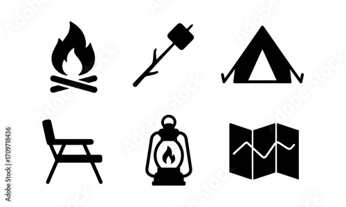 Camping essentials silhouette icons: tent, fire, lantern, and more