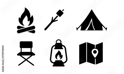 Camping silhouette icons: campfire, tent, lantern, map, chair, marshmallow