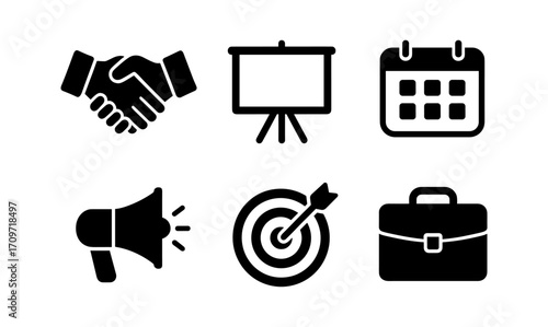 Business icons set: collaboration, presentation, planning, marketing, target, briefcase