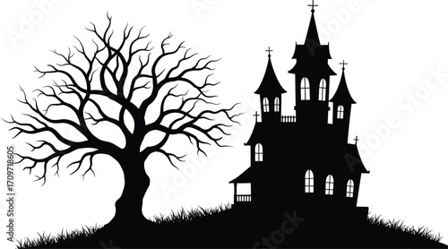 Haunted house silhouette with scary tree, horror night Halloween background, spooky vector illustration perfect for dark scary designs.