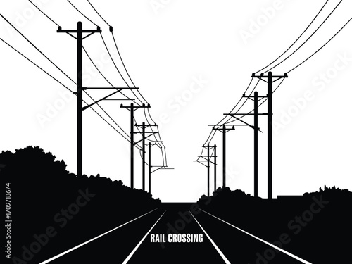 Railway crossing silhouette at sunset, utility poles and power lines perspective, dramatic vanishing point, rural train track scene, high contrast landscape, transportation infrastructure photography
