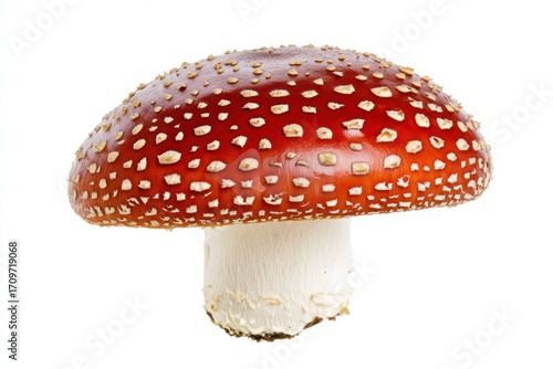 Mushroom amanita fungus with bright red cap and white spots isolated on white background showing wild poisonous toadstool detail and texture