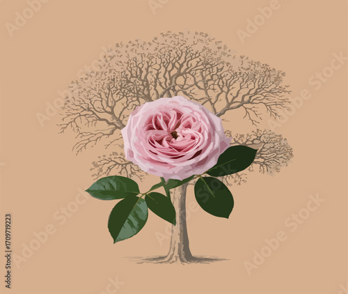 A rose blossom with tree silhouette on beige ground