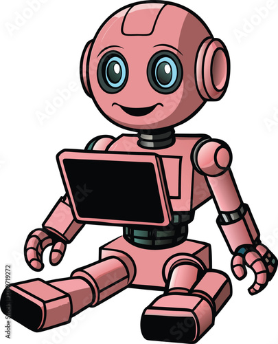 Cute pink robot sitting with a tablet computer vector