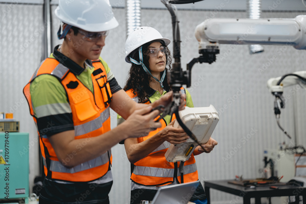 Fototapeta premium Smart Latino woman and male colleague working on AI technology in robotic electronic engineering laboratory. Hispanic engineer technician team research in robot machine futuristic automated control.