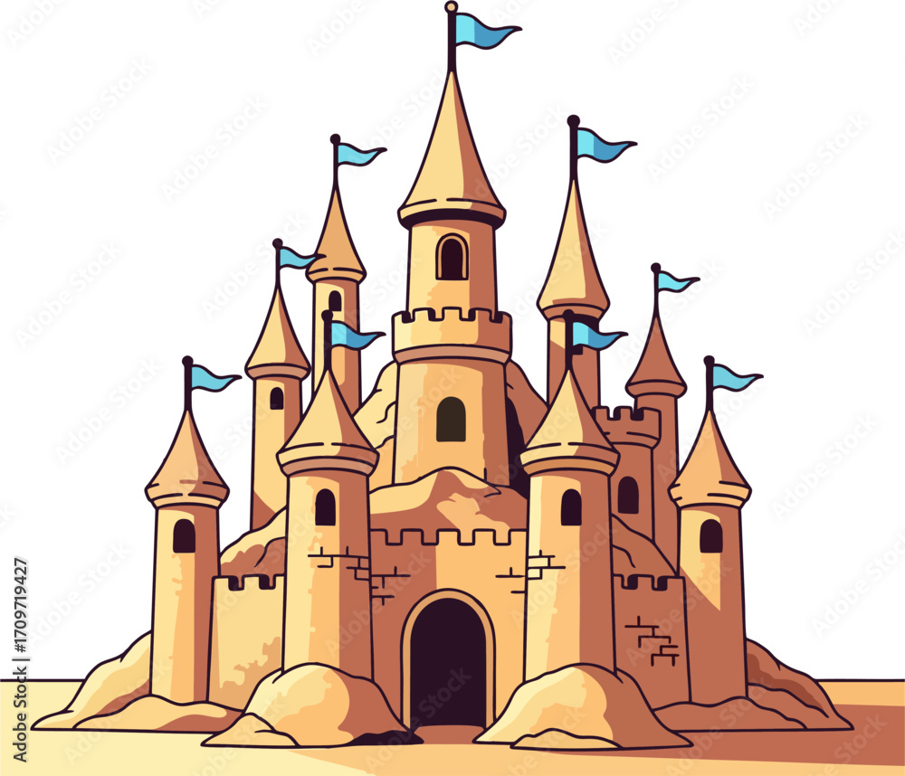Fototapeta premium Fantasy Sandcastle Vector Illustration with Tall Towers and Blue Flags, Detailed Beach Castle