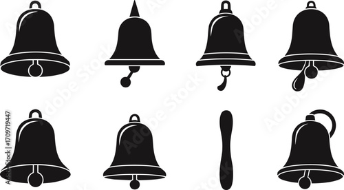 bell, silhouette, icon, chime, ring, handle, clapper, vector, black, white, design, art, symbol, festive, holiday, decor, sound, shape, illustration, set