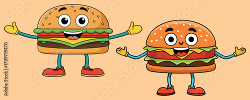 Funny Burger Cartoon Characters – Fast Food, Junk, Meal, Delicious, Sandwich, Children, Cute, Funny, Happy, Tasty, Character, Flat, Vector, Icon, Cartoon, Smiling, Burger, Food

