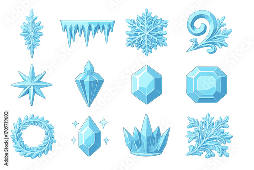 Winter elements silhouette icon set. featuring snowflakes, icicle, star, crystal, wreath, and crown symbols