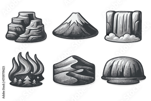 Nature landscapes silhouette icons set. featuring canyon, mountain, waterfall, aurora, desert, dome