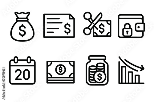 Finance and economy linear icon set. featuring money bag, invoice, coupon, wallet, calendar, cash, jar, and graph symbols