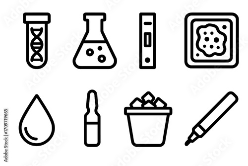 Laboratory equipment linear icon set. featuring test tube, flask, slide, petri dish, drop, ampoule, bucket, pipette