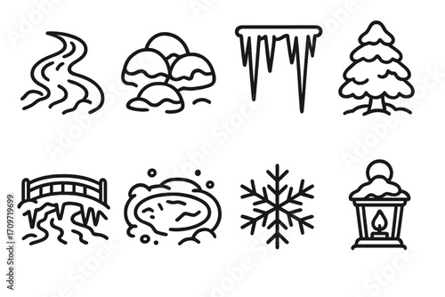 Winter nature silhouette icon set. featuring snow, icicle, pine, bridge, pond, snowflake, fireplace symbols