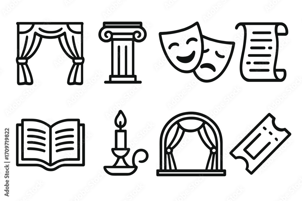 Fototapeta premium Theater and performance linear icon set. featuring curtain, column, masks, script, book, candle, stage, and ticket symbols