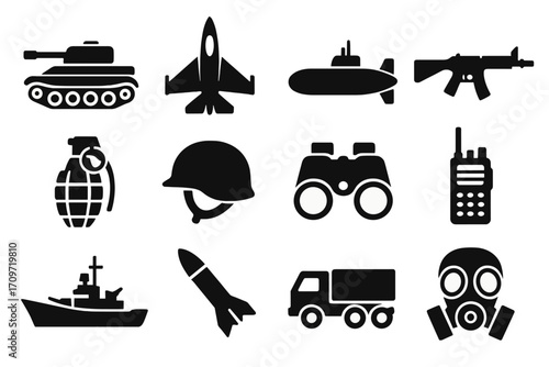 Military equipment silhouette icon set. featuring tank, jet, submarine, rifle, grenade, helmet, binoculars, walkie-talkie, warship, missile, truck, gas mask.