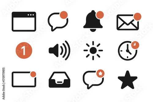 Notification silhouette icon set. featuring chat, bell, email, alert, sound, sun, clock symbols