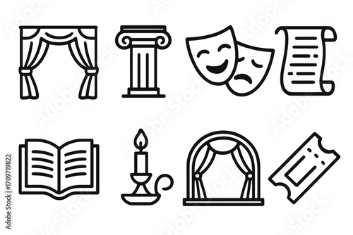 Theater and performance linear icon set. featuring curtain, column, masks, script, book, candle, stage, and ticket symbols