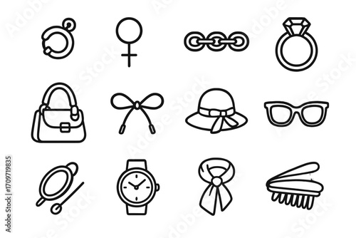 Fashion accessories silhouette icon set. featuring ring, handbag, hat, sunglasses, watch, and scarf symbols