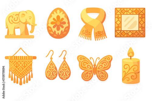Ethnic decoration flat icon set. featuring elephant, egg, scarf, mirror, macrame, earrings, butterfly, candle