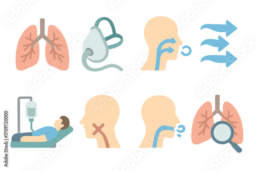 Medical respiratory flat icon set. featuring lungs, oxygen mask, air flow, patient care, and respiratory inspection designs