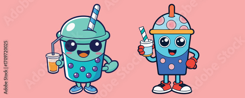 Bubble Tea Cartoon Characters – Drink, Food, Beverage, Sweet, Cute, Funny, Cartoon, Modern, Flavor, Delicious, Tasty, Icon, Vector, Flat, Child, Illustration, Smiling, Fun

